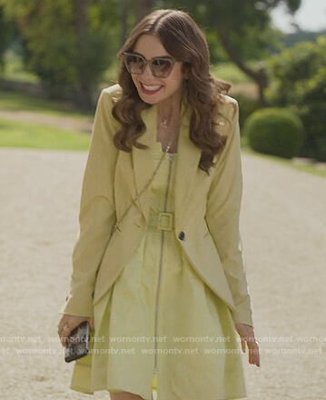 Emily’s yellow belted dress and blazer on Emily in Paris