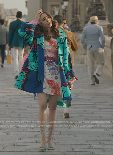 Emily's blue printed jacket on Emily in Paris