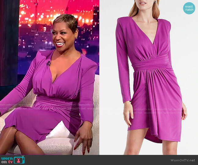 Draped V-Neck Strong Shoulder Mini Dress by Express worn by Monique Kelley on E! News Nightly Pop