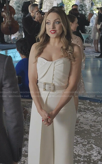 Fallon’s white strapless jumpsuit on Dynasty
