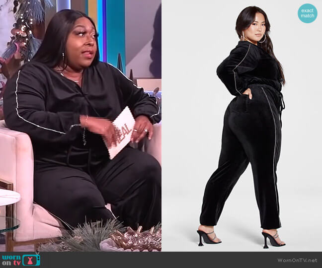 WornOnTV: Loni’s black embellished trim velour jumpsuit on The Real ...