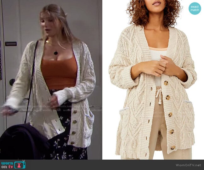Montana Cable Knit Cardigan by Free People worn by Alice Caroline Horton (Lindsay Arnold) on Days of our Lives