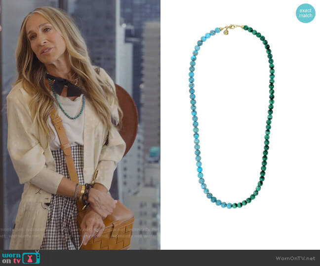 Turquoise and Malachite Rope Necklace by Fry Powers worn by Carrie Bradshaw (Sarah Jessica Parker) on And Just Like That
