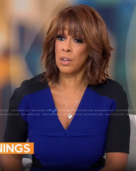 Gayle King’s blue and black colorblock dress on CBS Mornings