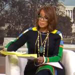 Gayle King’s navy striped sweater and skirt set on CBS Mornings