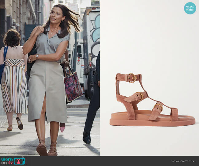 Arena suede sandals by Gianvito Rossi worn by Bridget Moynahan on And Just Like That