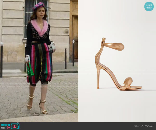 Gianvito Rossi BIJOUX 105 metallic leather sandals worn by Emily Cooper (Lily Collins) on Emily in Paris