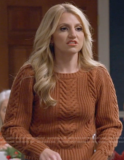 Gina's brown cable knit sweater on B Positive