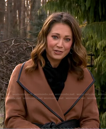 Ginger's brown leather trim wrap coat on Good Morning America