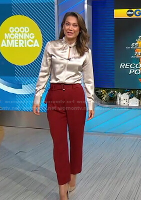 Ginger’s keyhole satin blouse and burgundy belted pants on Good Morning America