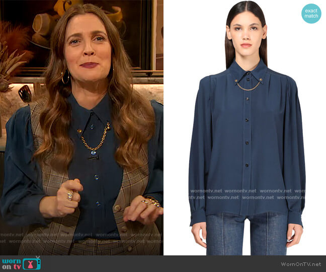 Silk Crepe Shirt with Chain by Givenchy worn by Drew Barrymore  on The Drew Barrymore Show