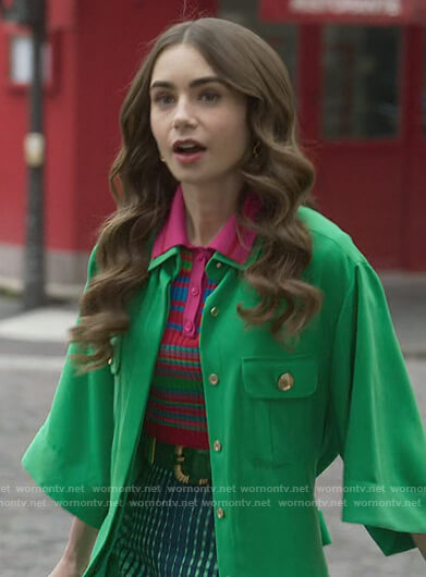 Emily's green silk coat on Emily in Paris