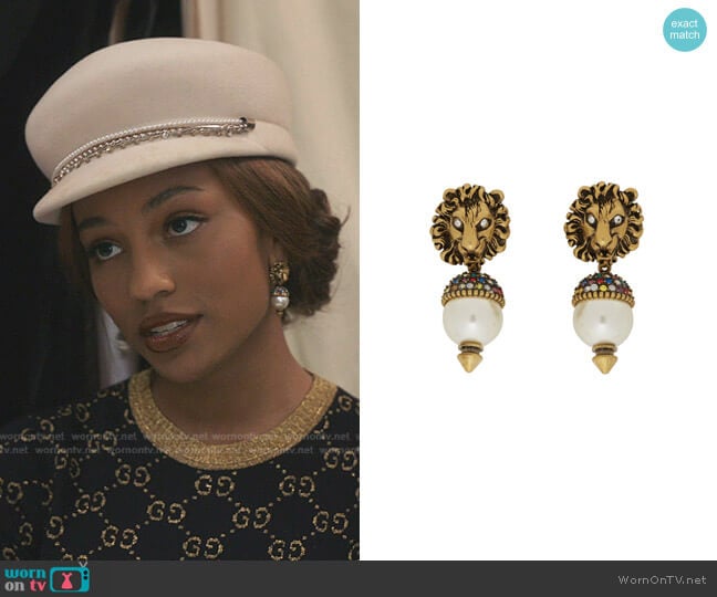 Lion Head Earrings with Pearl by Gucci worn by Monet de Haan (Savannah Lee Smith) on Gossip Girl