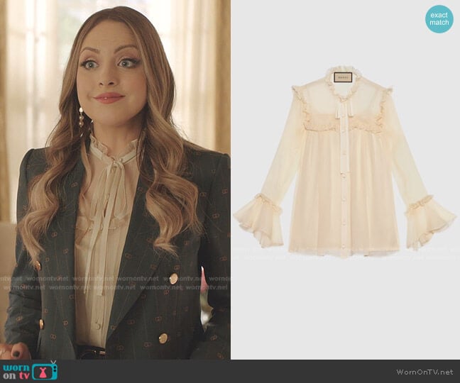 Silk Chiffon Ruffle Shirt by Gucci worn by Fallon Carrington (Elizabeth Gillies) on Dynasty