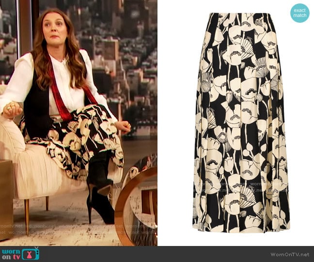 Poppy Print Midi Skirt by Gucci worn by Drew Barrymore on The Drew Barrymore Show