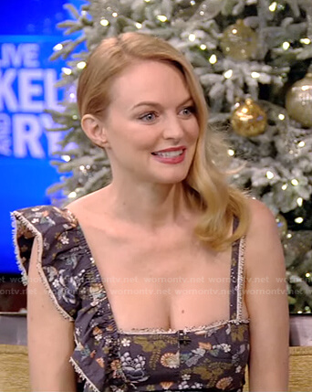 Heather Graham’s navy floral ruffle dress on Live with Kelly and Ryan