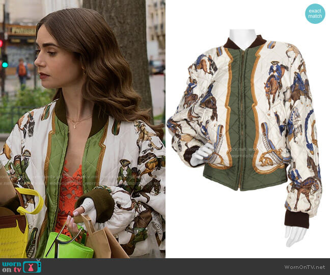Vintage Hermes Reversible Silk Reprise Bomber Jacket worn by Emily Cooper (Lily Collins) on Emily in Paris