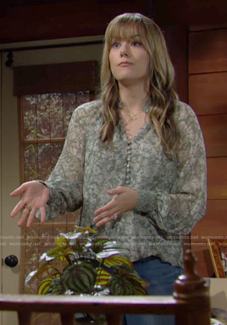 Hope's green floral blouse on The Bold and the Beautiful