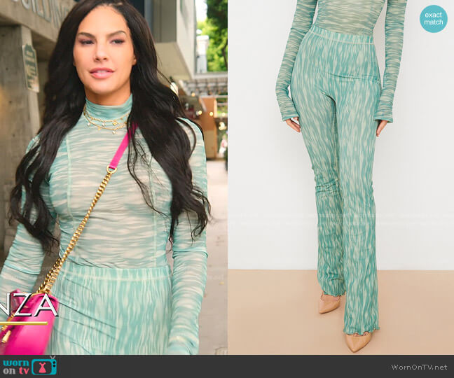 Erin Ivy Print Mesh Flared Trousers by House of CB worn by Amanza Smith  on Selling Sunset
