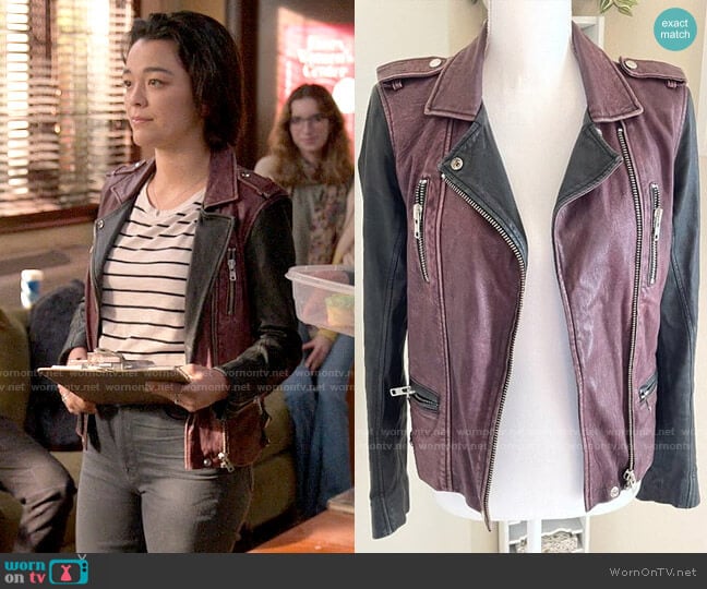 IRO Colorblock Leather Jacket worn by Alicia (Midori Francis) on The Sex Lives of College Girls