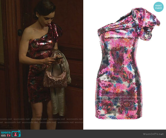 Osira One Shoulder Sequined Mini Dress by Isabel Marant worn by Emily Cooper (Lily Collins) on Emily in Paris