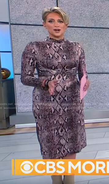 Jamie Yuccas’s snake print long sleeve dress on CBS Mornings