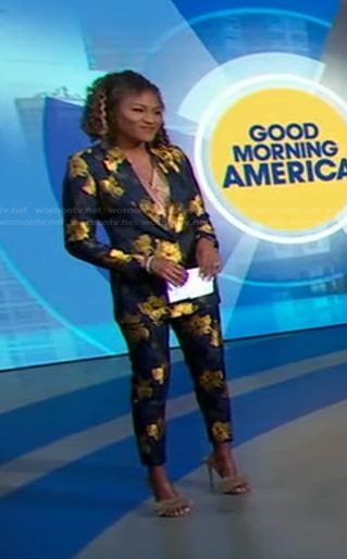 Janai’s black and gold floral suit on Good Morning America