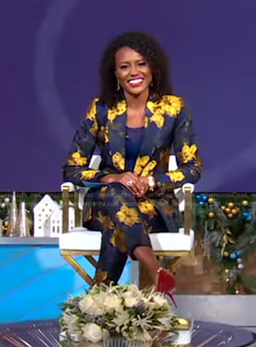 Janai’s black and gold floral blazer and pants on Good Morning America