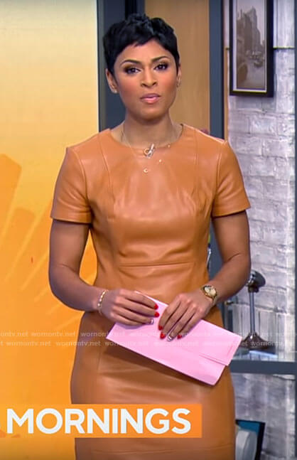 Jericka Duncan's short sleeved leather dress on CBS Mornings