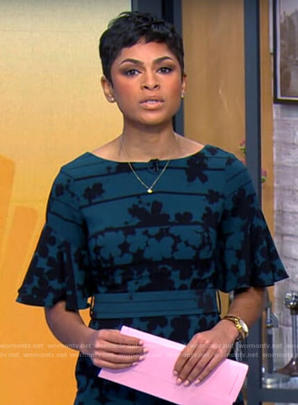 Jericka Duncan's green floral and stripe print dress on CBS Mornings