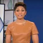 Jericka Duncan’s short sleeved leather dress on CBS Mornings