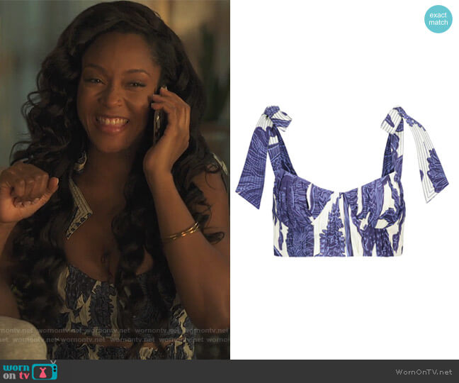 Macondo cropped printed organic cotton top by Johanna Ortiz worn by Angela Vaughn (Yaya DaCosta) on Our Kind of People