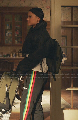 Julien's black cropped jacket and side stripe pants on Gossip Girl