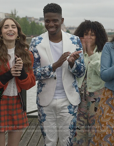 Julien's white floral print blazer and pants on Emily in Paris