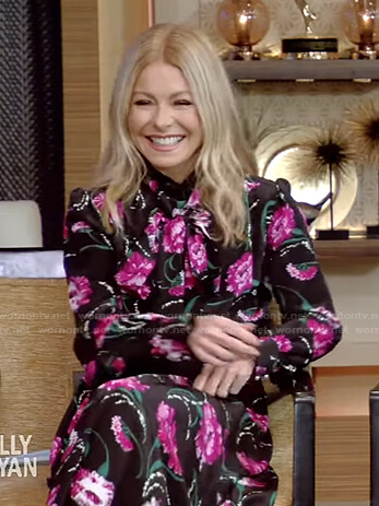 Kelly's black floral tie neck dress on Live with Kelly and Ryan