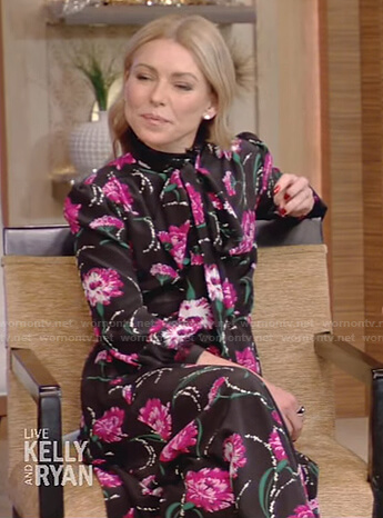 Kelly’s black floral tie neck dress on Live with Kelly and Ryan