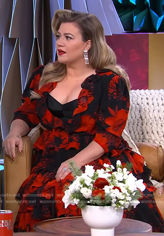 Kelly's black floral tiered maxi dress on The Kelly Clarkson Show
