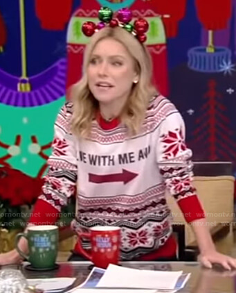 Kelly’s red and white printed sweater on Live with Kelly and Ryan