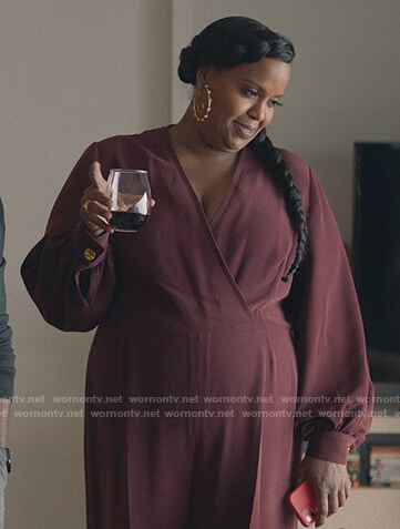Kelly's burgundy surplice jumpsuit on Insecure