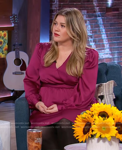 Kelly’s pink satin wrap dress on The Kelly Clarkson Show