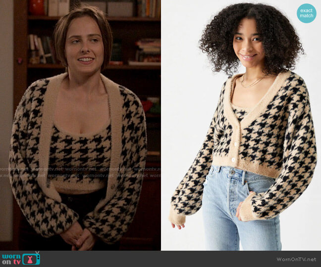 Kendall & Kylie Fuzzy Cardigan worn by Kimberly Finkle (Pauline Chalamet) on The Sex Lives of College Girls