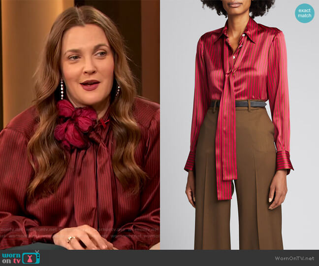 Striped Scarf-Neck Silk Blouse by Kiton worn by Drew Barrymore  on The Drew Barrymore Show