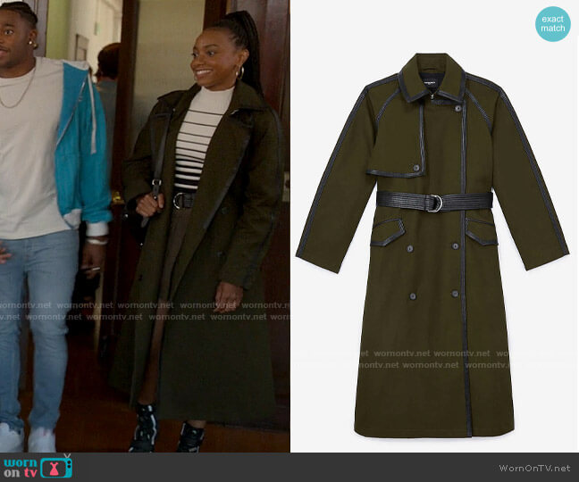 The Kooples Leather-trim cotton trench coat worn by Whitney Chase (Alyah Chanelle Scott) on The Sex Lives of College Girls