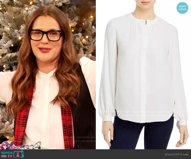 Lina Blouson Sleeve Silk Blouse by Lafayette 148 worn by Drew Barrymore on The Drew Barrymore Show