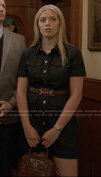 Leighton’s denim button front dress on The Sex Lives of College Girls