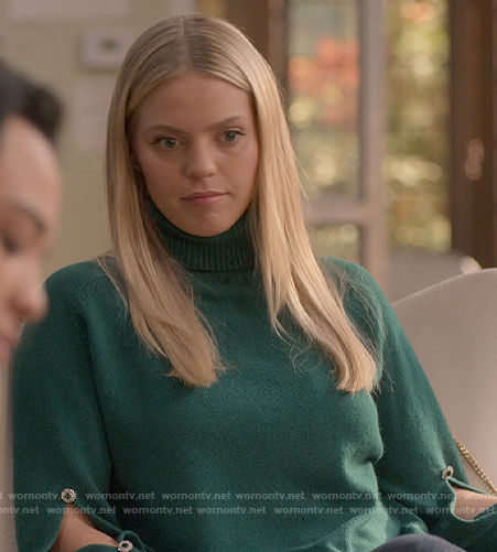 Leighton’s green sweater with bejewelled buttons on The Sex Lives of College Girls