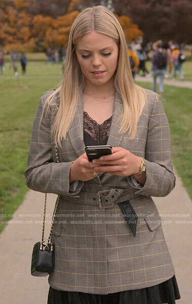 Leighton's plaid belted blazer and lace trim cami on The Sex Lives of College Girls