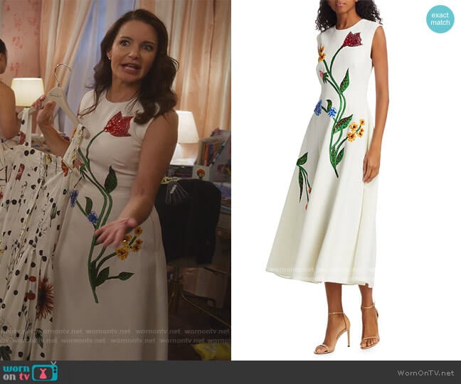Embellished Garden Sleeveless Cocktail Dress by Lela Rose worn by Charlotte York (Kristin Davis) on And Just Like That
