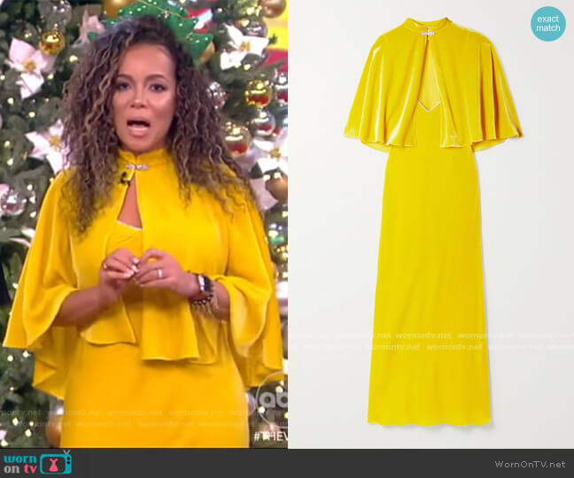 Crystal-embellished velvet cape and gown by Les Reveries worn by Sunny Hostin  on The View