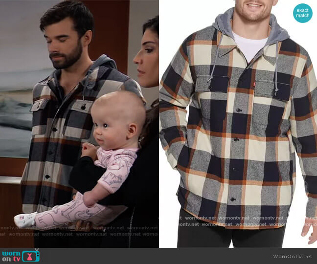 Plaid Sherpa-Lined Hooded Shirt Jacket by Levis worn by Joshua Swickard on General Hospital